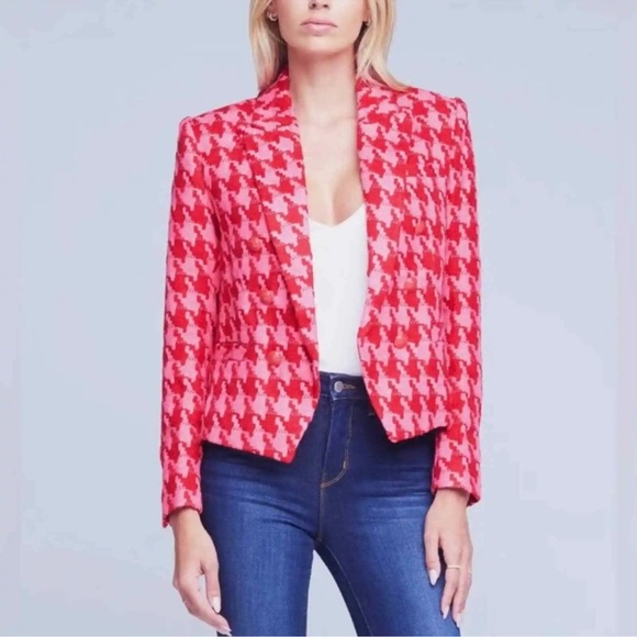 L'AGENCE Jackets & Blazers - L'Agence Brooke Tweed Pink and Red Houndstooth Cropped Blazer